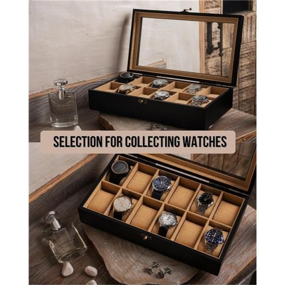 Watch Box, Watch Case for Men Women with Large Glass Lid, Wooden Watch Display - Picture 3 of 6